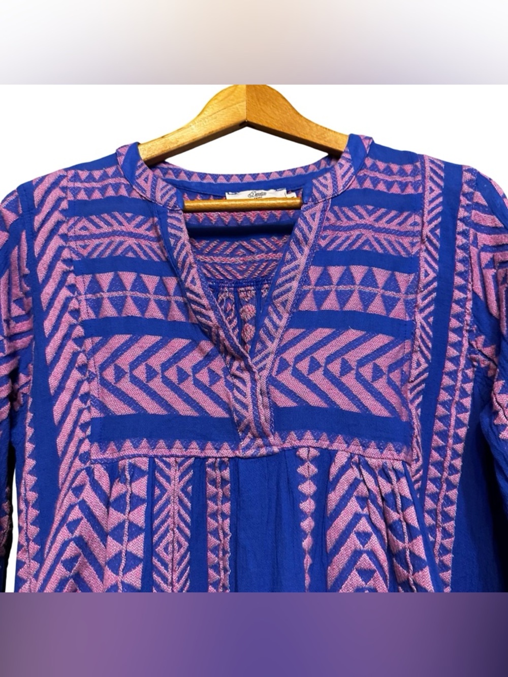 Devotion TWINS Blue Pink Geometric Woven Tier Bell Sleeve Mini Dress Medium - Picture 6 of 12